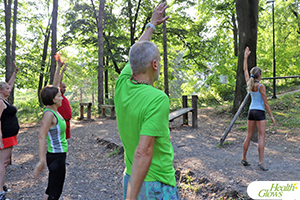 A morning fitness class at the 2019 'Health Glows Weekend' in Koviljaca Spa, Serbia. At the 'Health Glows Weekend', guests learn in theory and practice how to eat a raw vegan diet, exercise daily and maintain a high level of health long-term through a healthy lifestyle.