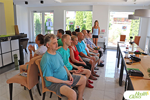 A meditation class at the 2019 'Health Glows Weekend' in Koviljaca Spa, Serbia. At the 'Health Glows Weekend', guests learn in theory and practice how to eat a raw vegan diet, exercise daily and maintain a high level of health long-term through a healthy lifestyle.