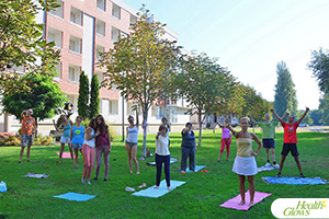 A morning fitness class at the "Health Glows Weekend", August 18th - 20th, 2017, in Novi Sad, Serbia. At the 'Health Glows Weekend', guests learn in theory and practice how to eat a raw vegan diet, exercise daily and maintain a high level of health long-term through a healthy lifestyle.