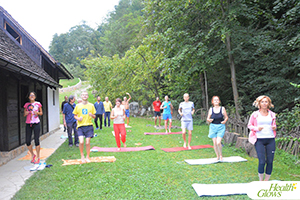 A morning fitness class at the 2018 'Health Glows Weekend' in Trsic, Serbia. At the 'Health Glows Weekend', guests learn in theory and practice how to eat a raw vegan diet, exercise daily and maintain a high level of health long-term through a healthy lifestyle.