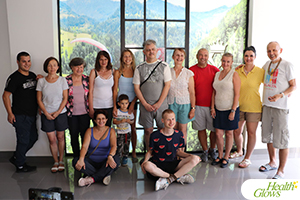 A group photo of the participants and organisers at the 2019 'Health Glows Weekend' in Koviljaca Spa, Serbia. At the 'Health Glows Weekend', guests learn in theory and practice how to eat a raw vegan diet, exercise daily and maintain a high level of health long-term through a healthy lifestyle.
