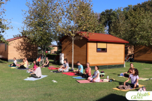 A yoga class at the 'Adriatic Fruit Festival', October 2022 in Ulcinj, Montenegro. At the 'Serbian Fruit Festival', guests learn in theory and practice how to eat a raw vegan diet, exercise daily and maintain a high level of health long-term through a healthy lifestyle.