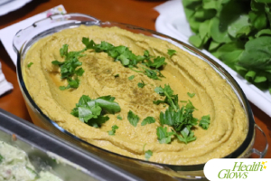 A delicious raw vegan hummus served as part of a vegan dinner at the 'Adriatic Fruit Festival', October 2022 in Ulcinj, Montenegro. At the 'Serbian Fruit Festival', guests learn in theory and practice how to eat a raw vegan diet, exercise daily and maintain a high level of health long-term through a healthy lifestyle.