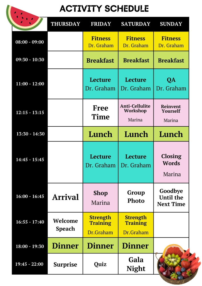 The 'Serbian Fruit Festival' activity schedule - fun and educational activities through which participants receive top-notch education on how to maintain a high level of health and vitality long term by implementing a raw vegan diet, fitness and healthy lifestyle habits.