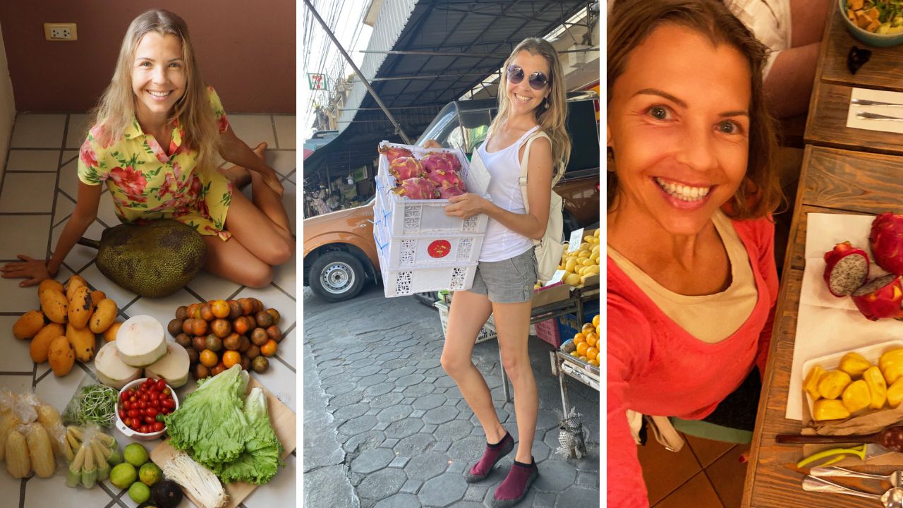 Marina from 'Health Glows' with tropical fruits in Thailand. This image is part of a blog post in which you will find out what Marina from 'Health Glows' eats on a raw vegan diet during the winter in Thailand.