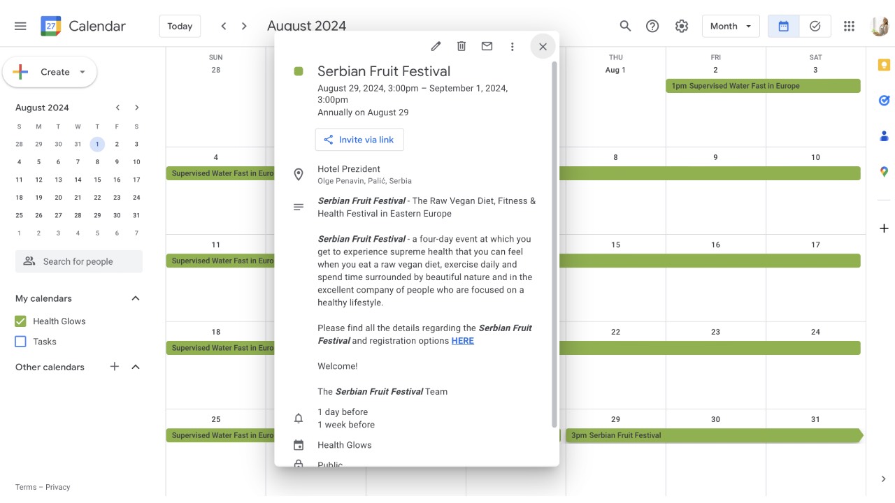 The 'Serbian Fruit Festival' 2024 in Google Calendar. 'Serbian Fruit Festival' - The Raw Vegan Diet, Fitness & Health Festival in Eastern Europe.