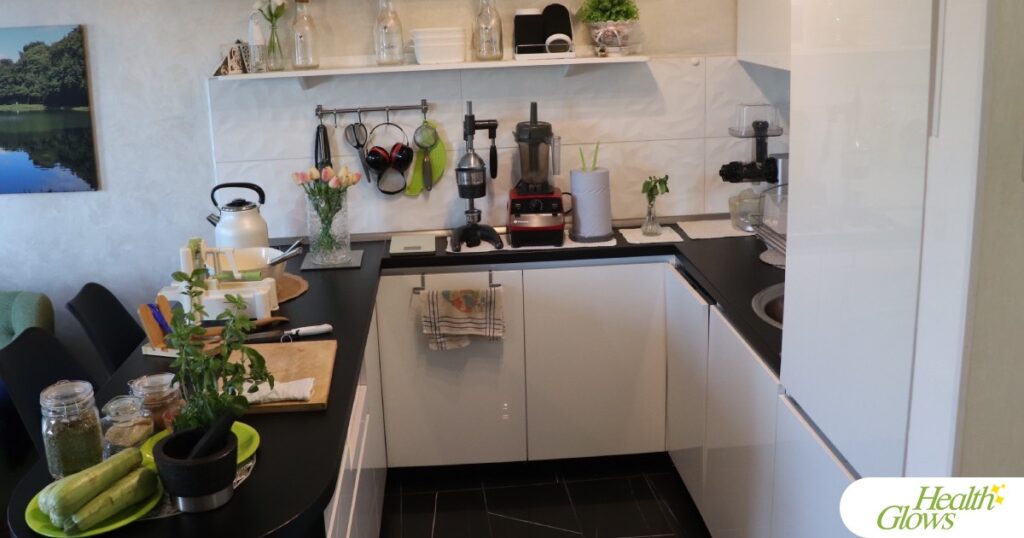 The kitchen where raw vegan fusilli al pesto pasta is prepared.