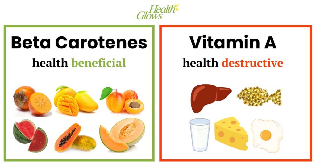 Two tables showing the difference between beta carotene and vitamin A sources. The table on the left side of the picture shows the beta carotene sources and the table on the right side of the picture shows the vitamin A sources.