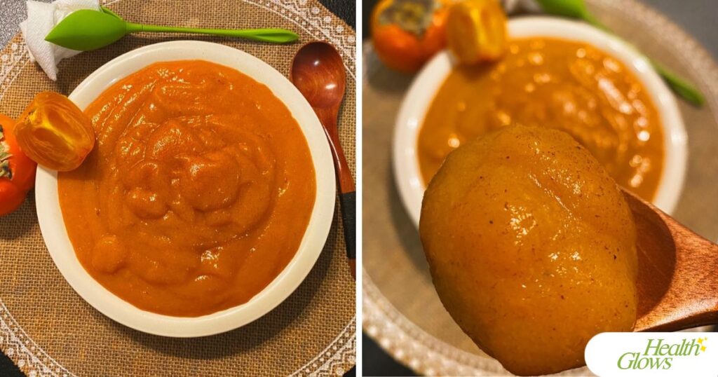 Two pictures of the same persimmon pudding plate. The right picture shows a spoon with pudding above the plate.