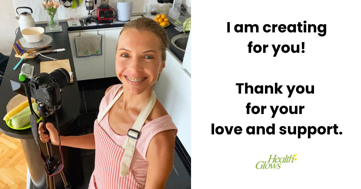 Marina from Health Glows in her kitchen with a camera, next to the title that invites people to donate. There is also a Health Glows logo.