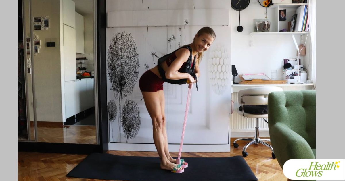 Marina from Health Glows showing an exercise with a pedal puller resistance rope.