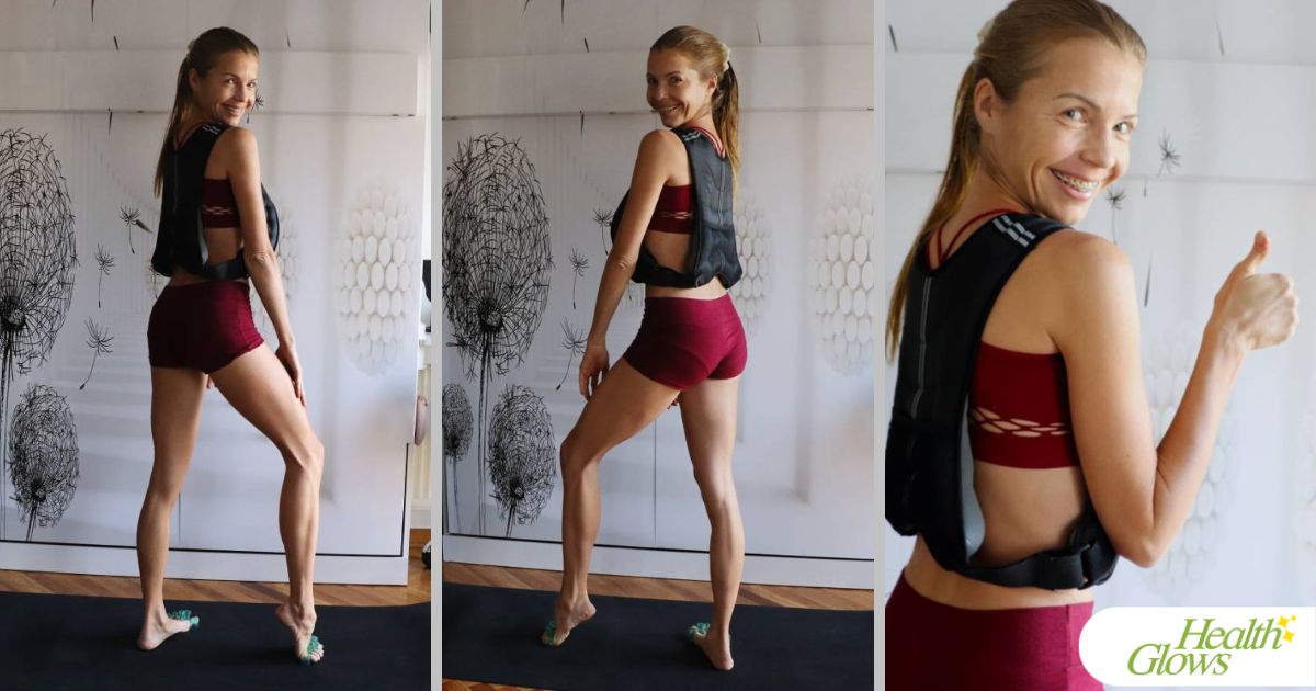 Three photos from different angles: Marina from Health Glows wearing a weighted vest.