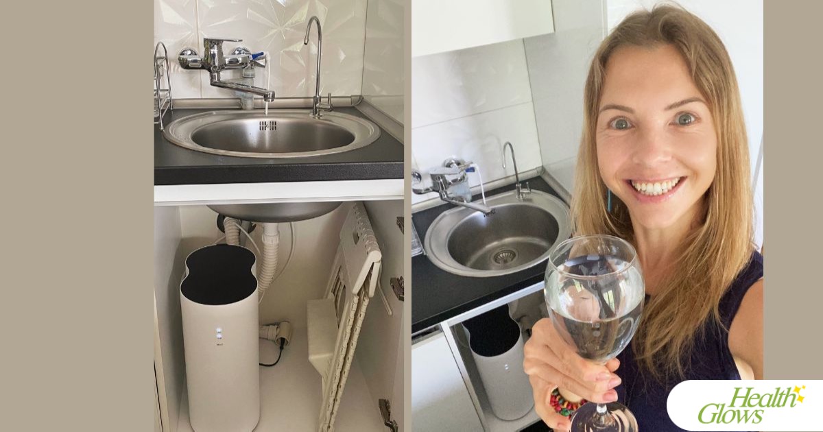 Two pictures: on the left is a reverse osmosis water filter under the sink, and on the right is Marina from Health Glows in front of the sink, holding a wine glass full of clean water.