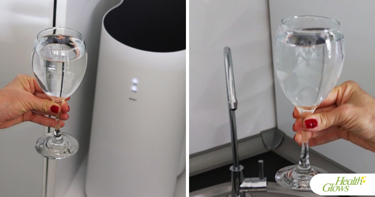 Two images: the left image is a woman's hand holding a wine glass full of clean water next to a reverse osmosis water filter, and the right image is a woman's hand holding a wine glass full of clean water next to a water filter faucet.