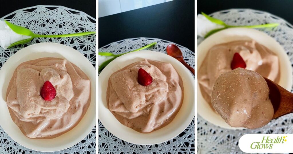 Three pictures of banana-strawberry ice cream. Each picture shows the same ice cream, but from a different angle.