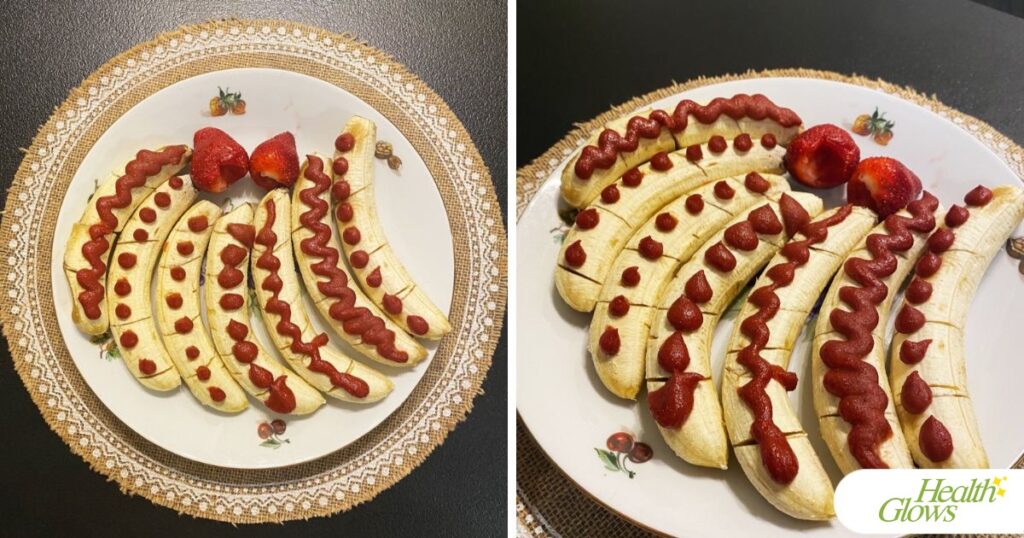 Two pictures, both showing the same dish, but from different angles. Semi-dehydrated bananas topped with strawberry sauce.