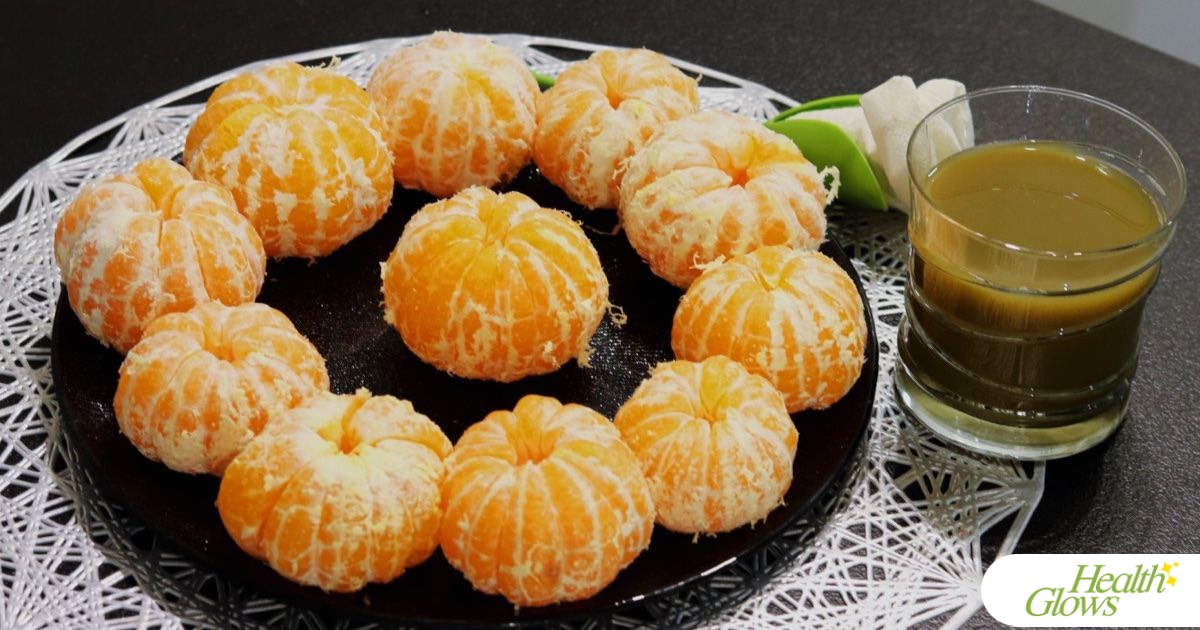 An example of a raw vegan breakfast: tangerines and celery juice.