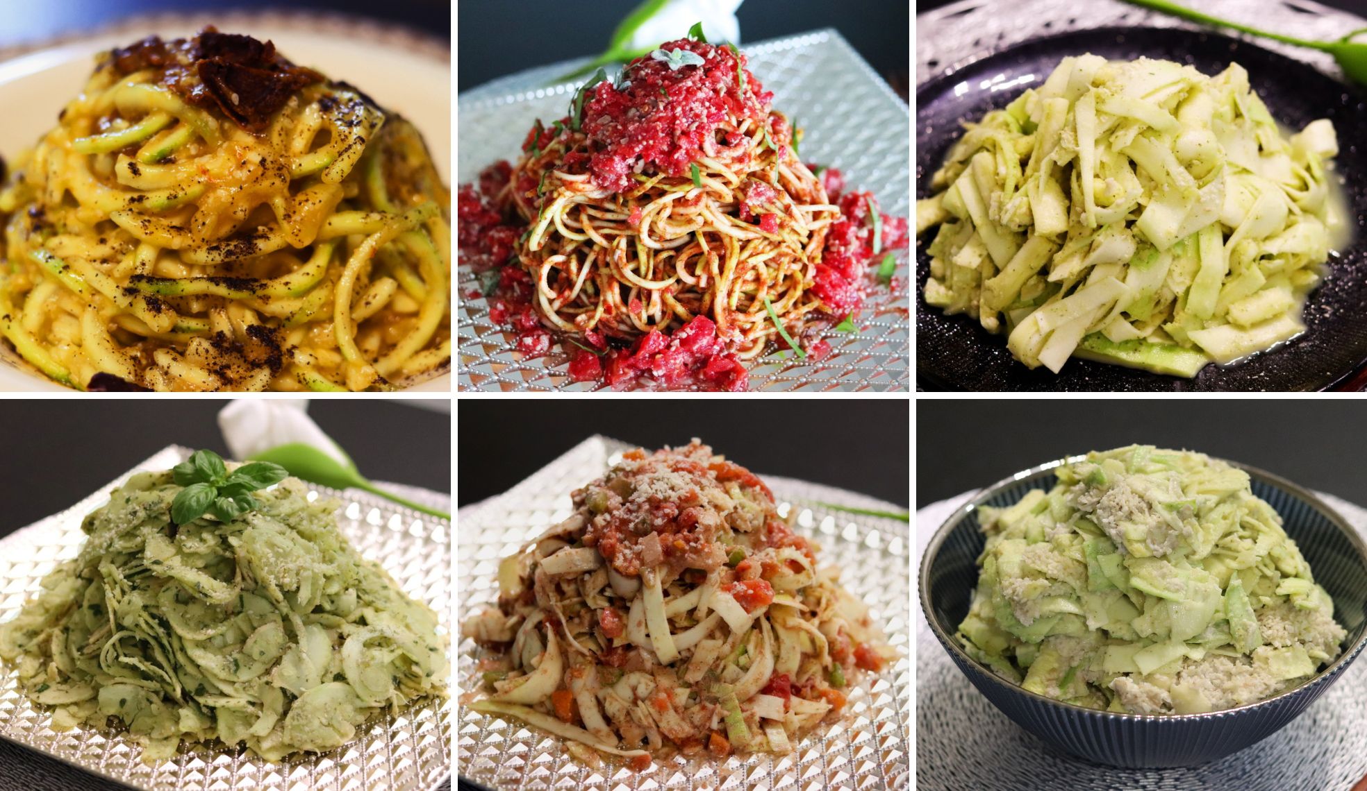 Six images in two horizontal rows. Each image shows one raw vegan pasta dish made after the original pasta recipe. Six different raw vegan pasta recipes: spaghettoni carbonara, spaghetti marinara, fettuccine Alfredo, fusilli al pesto, tagliatelle Bolognese, mac and cheese.