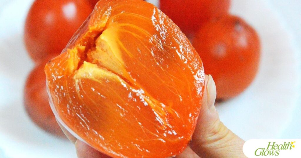 An open half of a ripe persimmon of intense orange colour.