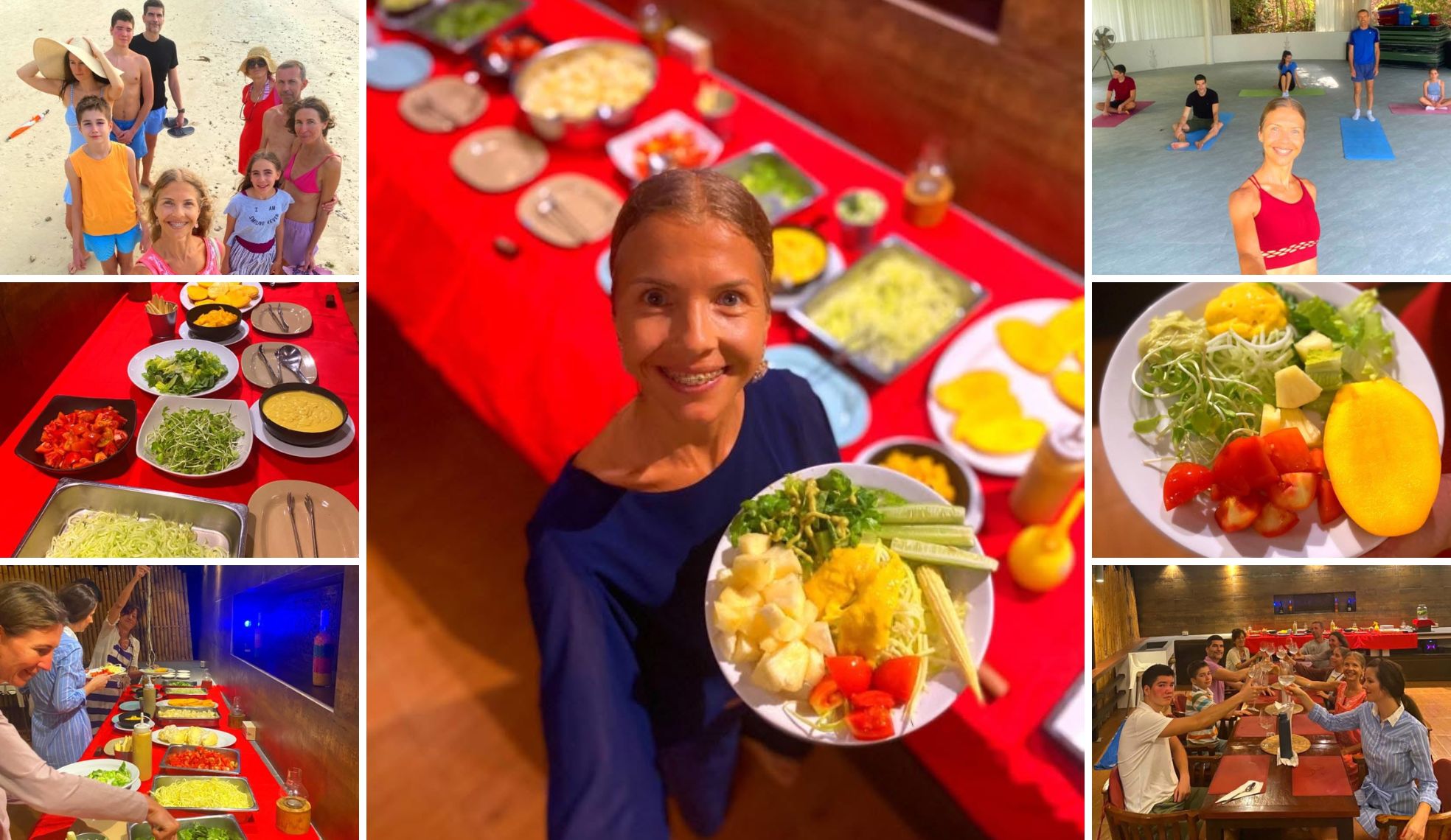 Seven photos from the Health Glows Thai Retreat 2025. In the central photo there is Marina from Health Glows, holding a plate filled with raw vegan dinner, looking straight into the camera and smiling. On the left and right sides there are 3 photos per each side showing different moments from the Health Glows Thai Retreat 2025.