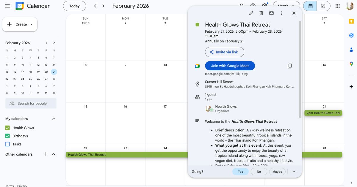 Dates of the Health Glows Thai Retreat 2026 in Google calendar.