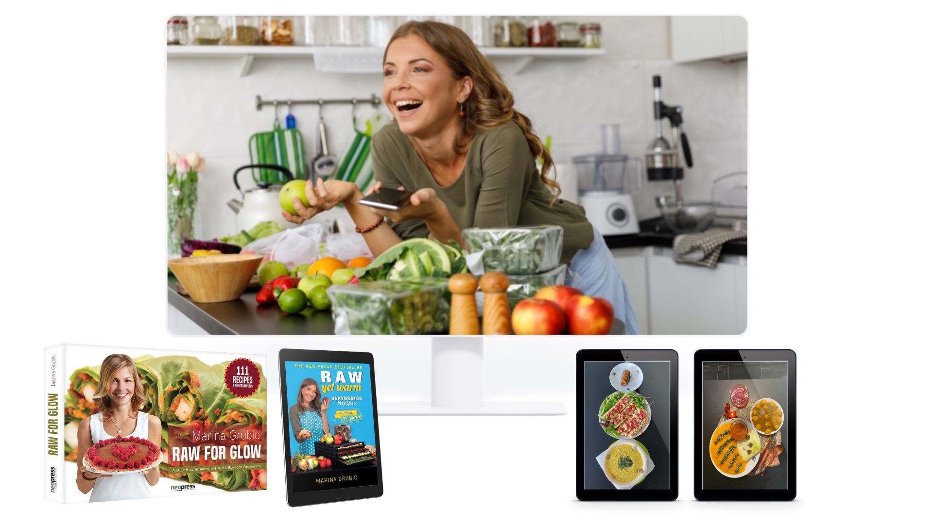A photo of Marina from Health Glows on a desktop screen. Marina is in her stoveless kitchen, holding a phone in one hand and smiling. Below the desktop there are images of the 'Raw for Glow' book and 'Raw, yet Warm' e-book, as well as the 'Raw Vegan Dinner Culinary Class' and 'Raw Christmas Dinner Culinary Class' online courses.