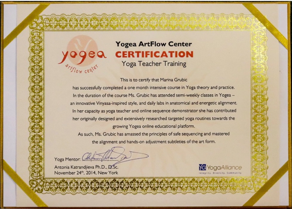 Yoga teacher certificate - Marina from Health Glows