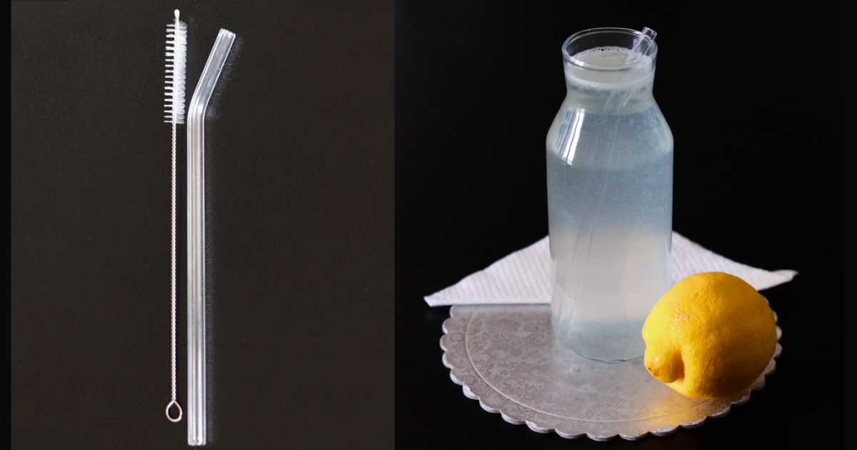 A straw brush, a glass straw, a glass bottle with lemon water and a glass straw, a lemon next to the bottle.