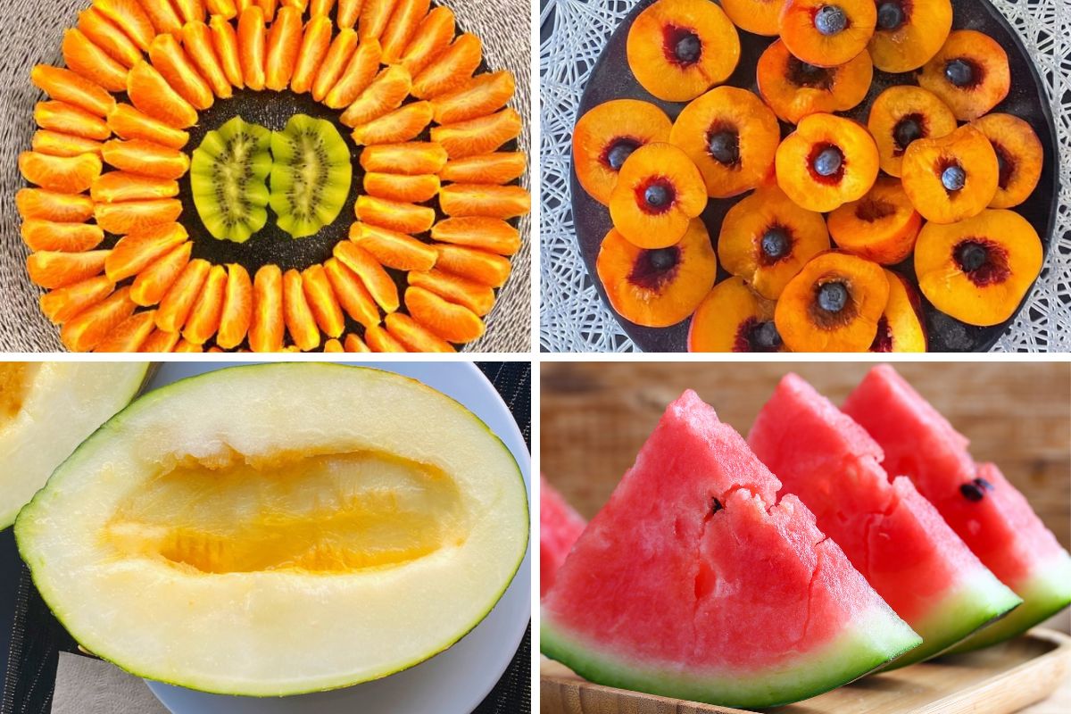 Four different raw vegan breakfast idea: tangerines and kiwis, peaches and blueberries, piel de sapo melon and watermelon.
