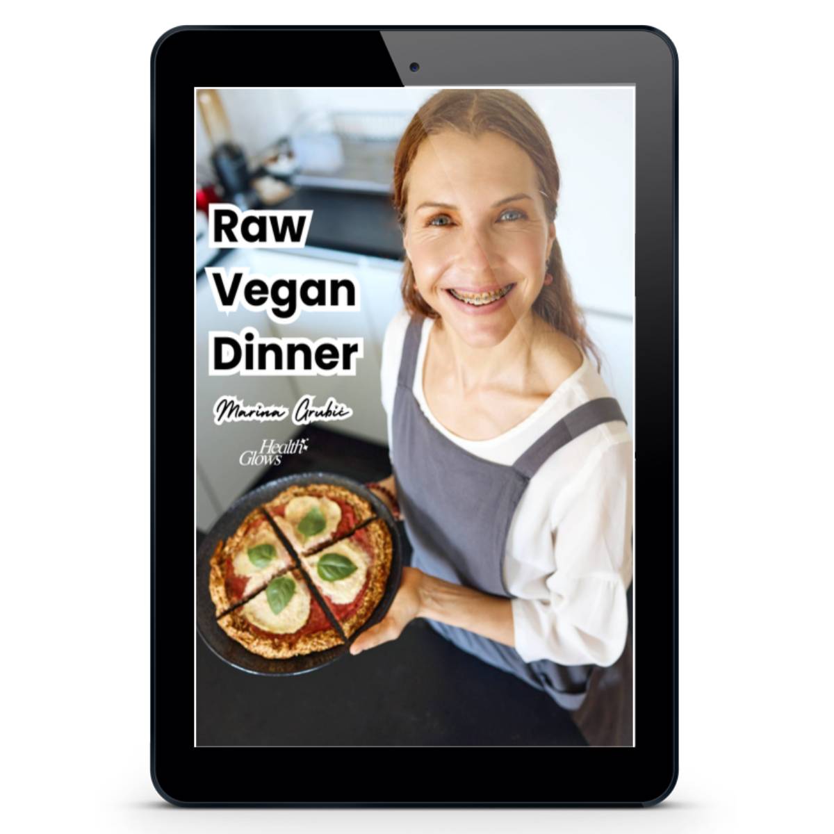 "Raw Vegan Dinner" e-book cover on iPad.