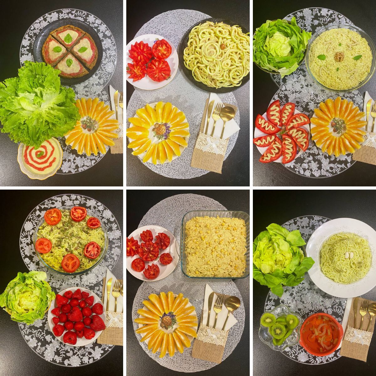 Six different raw vegan dinner examples.